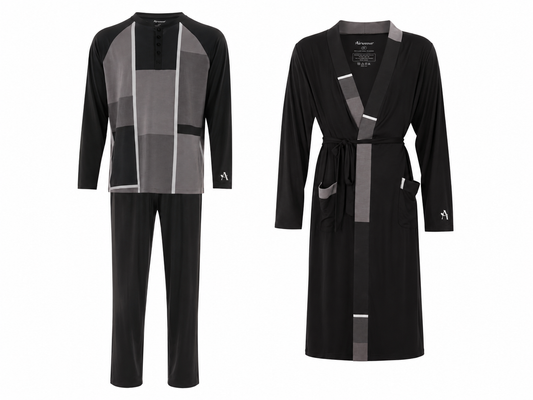 Men's Black-Block Pattern TENCEL™ Modal Pajama And Robe Set