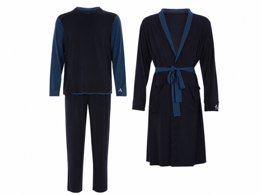 Men's Navy-Blue Trim V-Neck TENCEL™ Modal Pajama And Robe Set