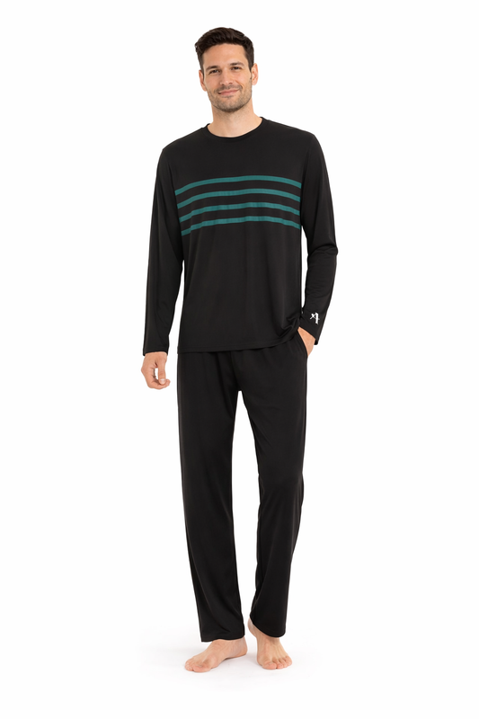 Men's Black-Green Piping V-Neck TENCEL™ Modal Pajama Set