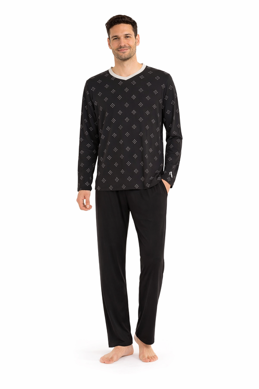 Men's Black-Cream Trim V-Neck TENCEL™ Modal Pajama Set