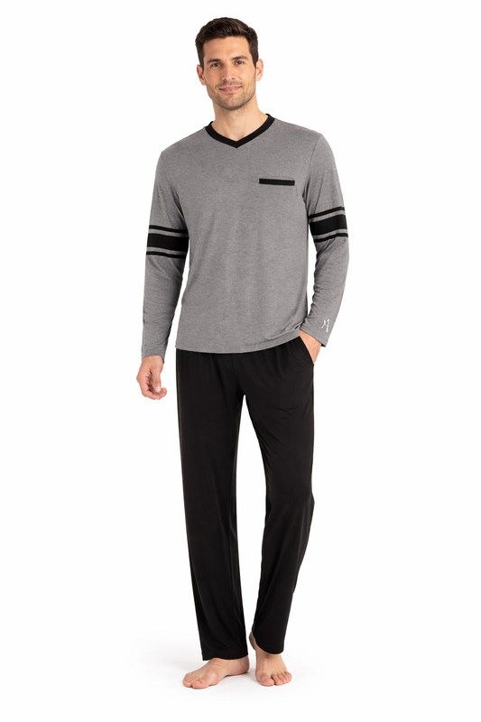 Men's Gray-Black Stripe V-Neck TENCEL™ Modal Pajama Set