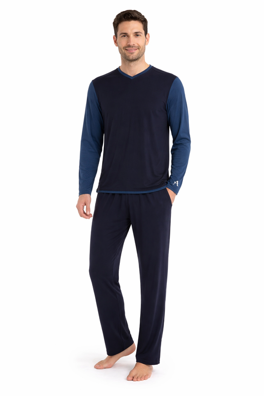 Men's Navy-Blue Trim V-Neck TENCEL™ Modal Pajama Set