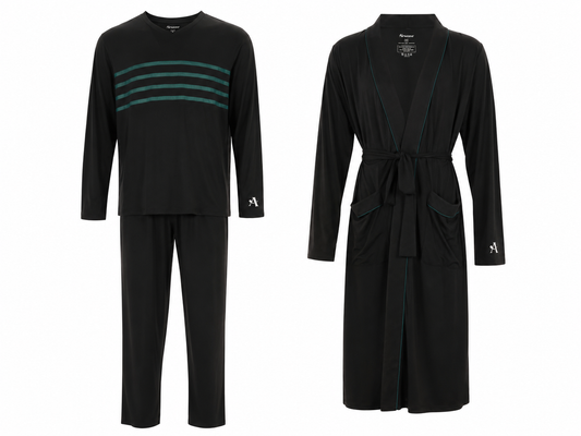 Men's Black-Green Piping TENCEL™ Modal Pajama And Robe Set