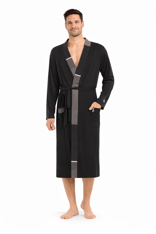 Men's Black-Block  Pattern Trim TENCEL™ Modal Robe