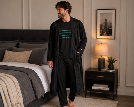 Men's Black-Green Piping  TENCEL™ Modal Pajama And Robe Set
