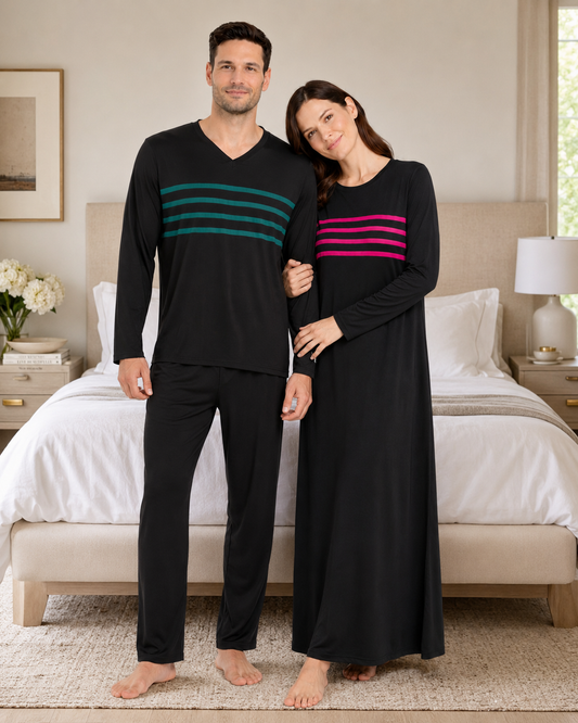 His & Hers TENCEL™ Modal Green Pajama & Hot Pink Nightgown Set