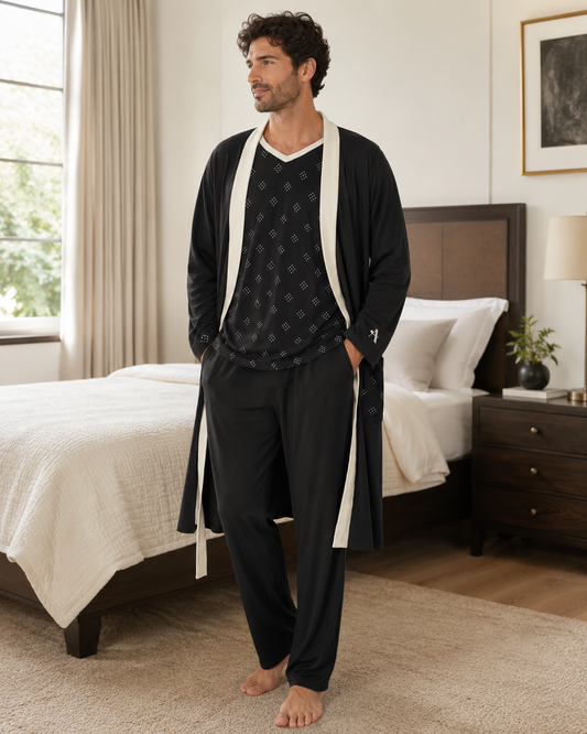 Men's Black-Cream Trim TENCEL™ Modal Pajama And Robe Set
