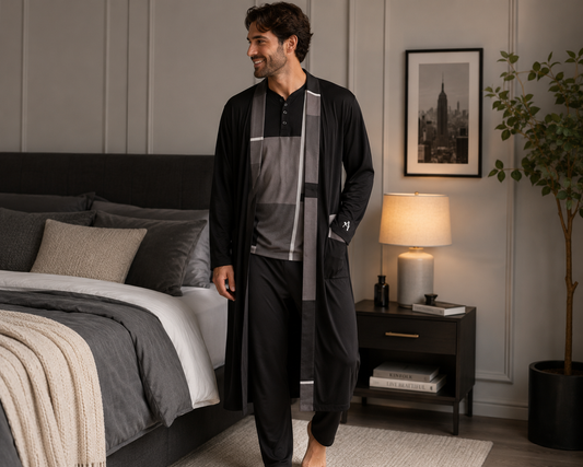 Men's Black-Block Pattern TENCEL™ Modal Pajama And Robe Set