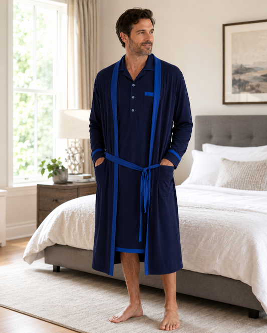 Men's Navy-Blue Trim TENCEL™ Modal Nightshirt And Robe Set